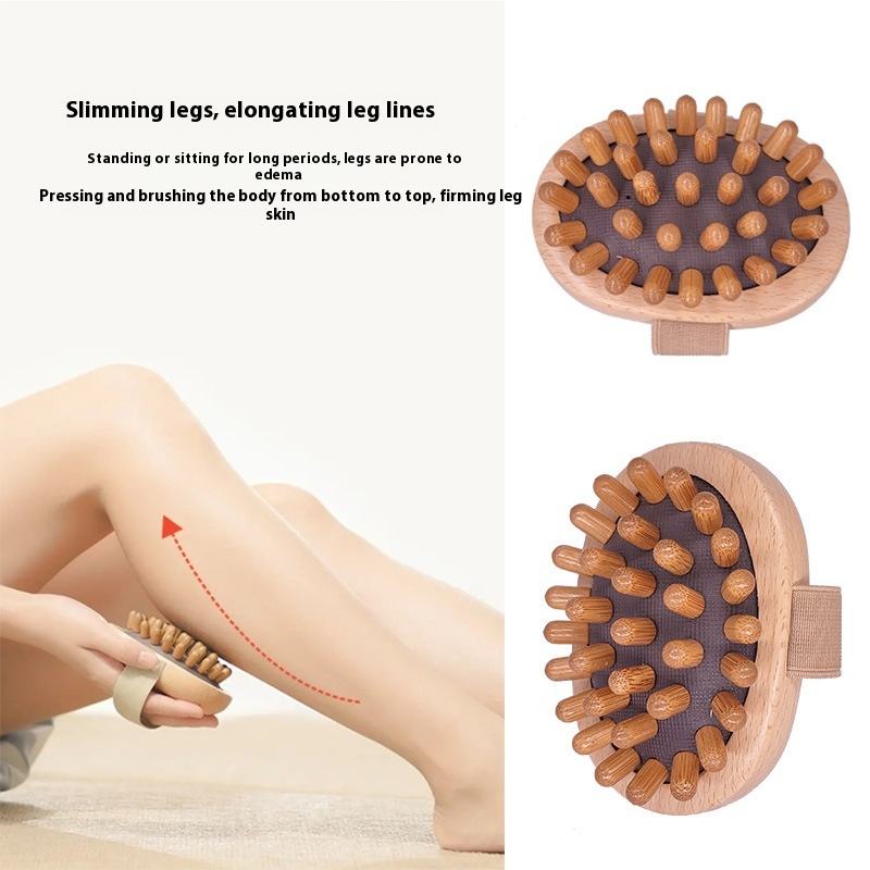 Oval-shaped wooden bath and scalp massage brush with elastic hand strap and multiple rounded massage nodes, produced by a China-based bath brush manufacturer.
