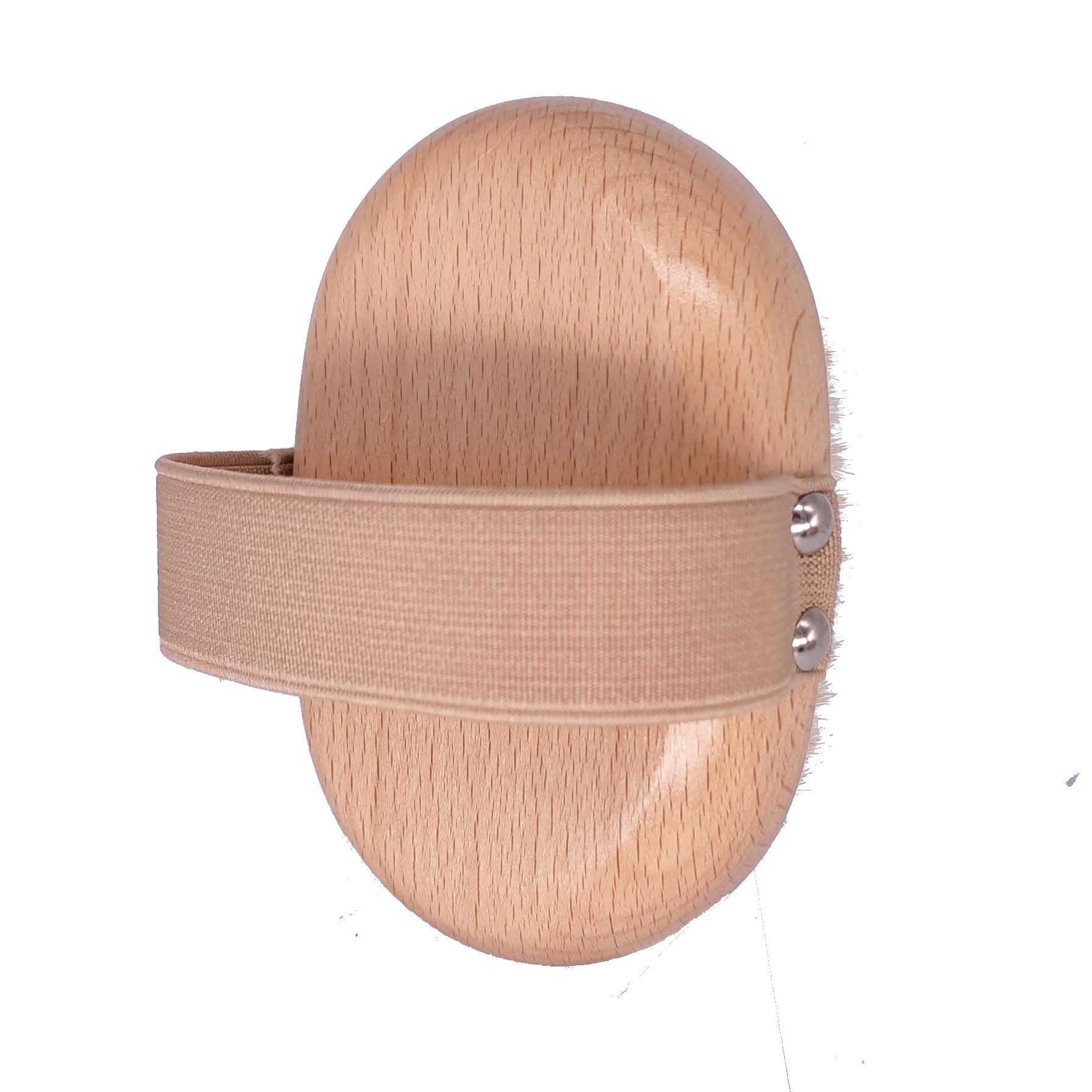 Oval-shaped wooden bath and scalp massage brush with elastic hand strap and multiple rounded massage nodes, produced by a China-based bath brush manufacturer.