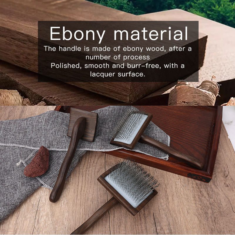 Wooden handle dog grooming brush with stainless steel pins, designed for effective pet hair removal and coat maintenance