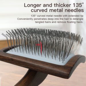 Wooden handle dog grooming brush with stainless steel pins, designed for effective pet hair removal and coat maintenance