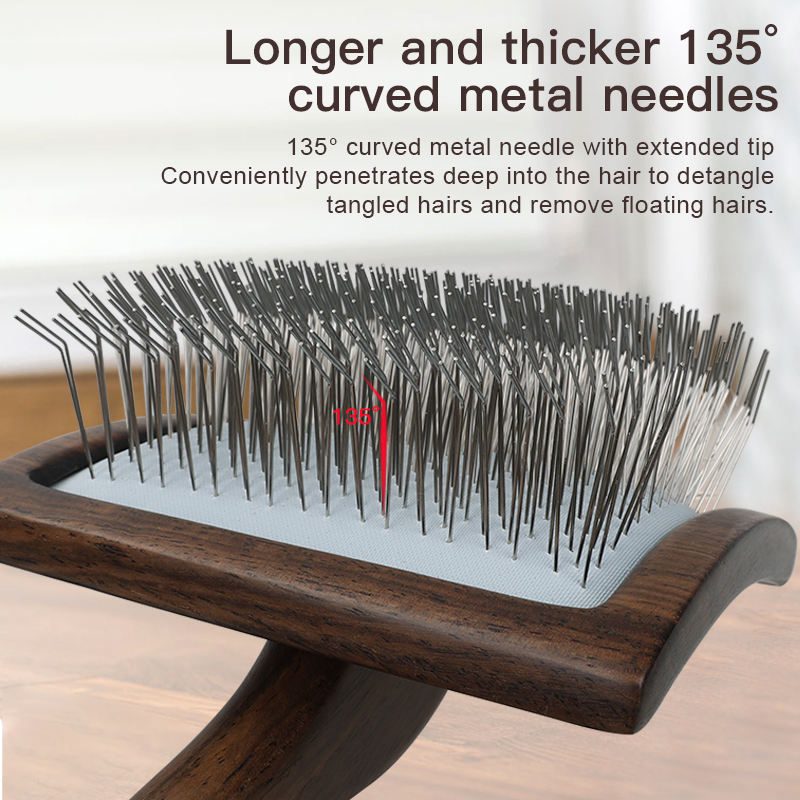 Wooden handle dog grooming brush with stainless steel pins, designed for effective pet hair removal and coat maintenance