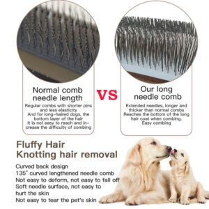 Wooden handle dog grooming brush with stainless steel pins, designed for effective pet hair removal and coat maintenance