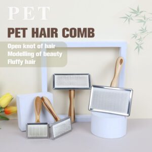 Rectangular pet grooming brush with stainless steel pins and wooden handle, suitable for grooming dogs and everyday coat care