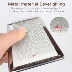 Rectangular pet grooming brush with stainless steel pins and wooden handle, suitable for grooming dogs and everyday coat care