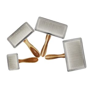 Rectangular pet grooming brush with stainless steel pins and wooden handle, suitable for grooming dogs and everyday coat care