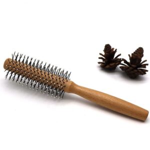 Wooden round hair brush with nylon pins and tip ends, one of the round hair brushes for blow-dry styling.