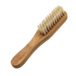 Wooden shoe cleaning brush with light bristles, handheld brush for shoe cleaning and gentle suede shoe brush use.