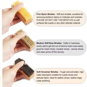 Three wooden horsehair shoe brush blocks in dark, tan, and white bristles, shoe cleaning brush and brush for shoe care.