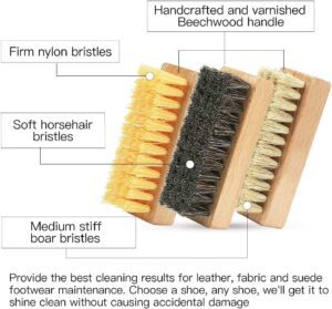 Three wooden horsehair shoe brush blocks in dark, tan, and white bristles, shoe cleaning brush and brush for shoe care.