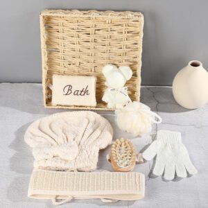 Shower gift set displayed in a woven basket with body care gift set items including bath sponge, gloves, brush, towel, and massage accessories.