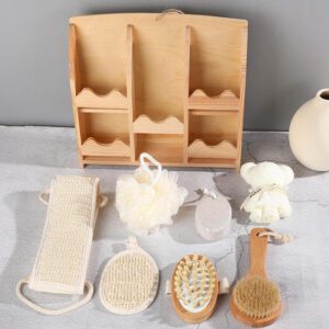 Spa gift set arranged in a wooden organizer with bath accessories, brushes, sponge, pumice stone, and body care tools.