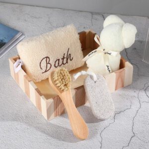 Spa gift set with natural pumice stone, towel bear, embroidered bath square, and facial cleanser brush, all in a wooden box.