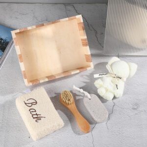 Spa gift set with natural pumice stone, towel bear, embroidered bath square, and facial cleanser brush, all in a wooden box.