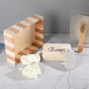Spa gift set with natural pumice stone, towel bear, embroidered bath square, and facial cleanser brush, all in a wooden box.