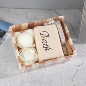 Spa gift set with natural pumice stone, towel bear, embroidered bath square, and facial cleanser brush, all in a wooden box.