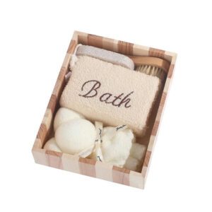 Spa gift set with natural pumice stone, towel bear, embroidered bath square, and facial cleanser brush, all in a wooden box.