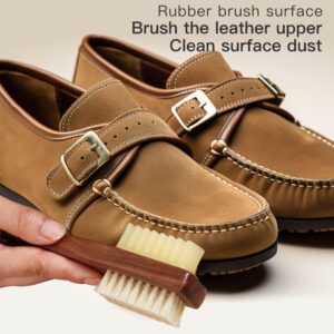 Dual-sided suede shoe brush with wooden handle, one side rubber teeth and one side bristles, for suede brush for shoes care.