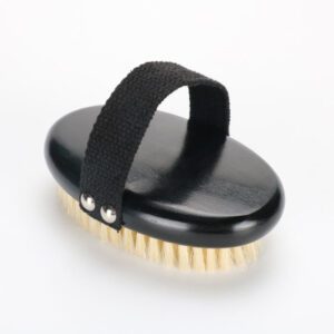 A wooden bristle brush designed for exfoliating the body, providing smooth, glowing skin through effective scrub action.