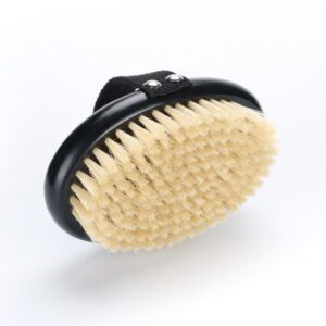 A wooden bristle brush designed for exfoliating the body, providing smooth, glowing skin through effective scrub action.