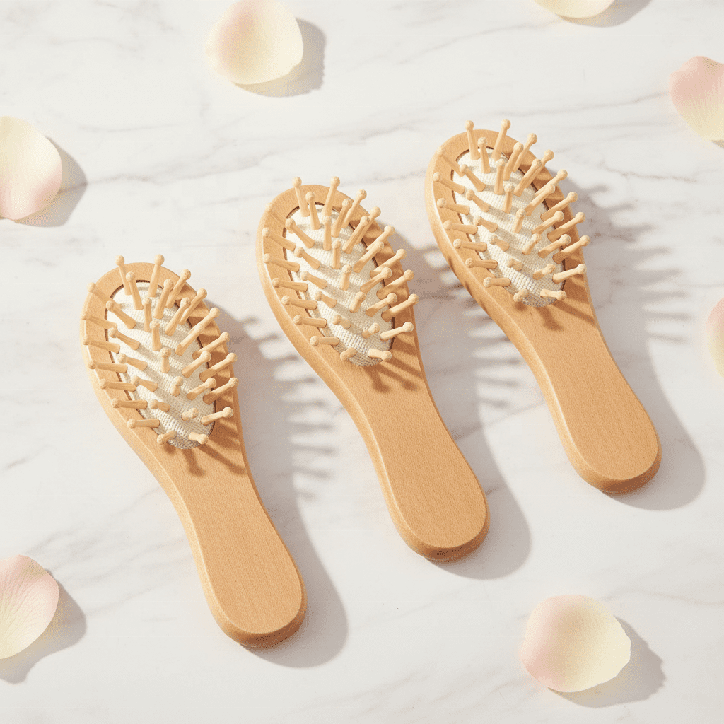 Small wooden hair brush for children with airbag cushion and rounded massage pins.