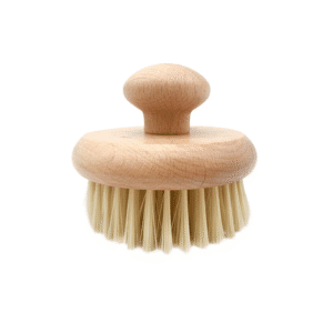 Handheld wooden kitchen scrub brush with a rounded knob handle and natural sisal fiber bristles, shown on a white background.