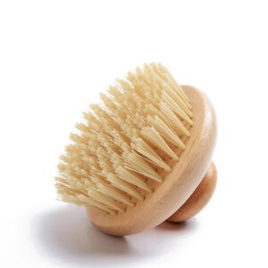 Handheld wooden kitchen scrub brush with a rounded knob handle and natural sisal fiber bristles, shown on a white background.