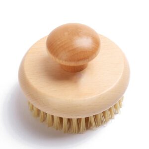 Handheld wooden kitchen scrub brush with a rounded knob handle and natural sisal fiber bristles, shown on a white background.