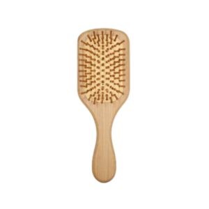 Wooden comb massage brush with beech wood handle and cushioned pins, suitable for gentle scalp brushing.
