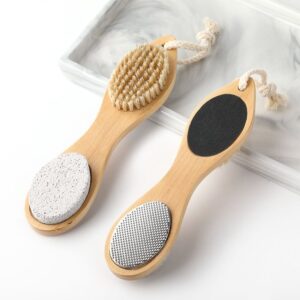 Wooden dry body brush with boar bristles and pumice surface, suitable for exfoliating dead skin and foot care.