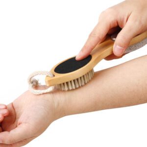 Wooden dry body brush with boar bristles and pumice surface, suitable for exfoliating dead skin and foot care.