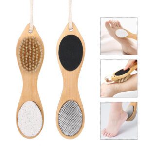 Wooden dry body brush with boar bristles and pumice surface, suitable for exfoliating dead skin and foot care.