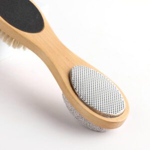 Wooden dry body brush with boar bristles and pumice surface, suitable for exfoliating dead skin and foot care.