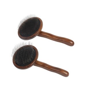 Round dog hair comb with wooden handle and stainless steel pins, suitable for grooming and removing loose hair from dogs and cats
