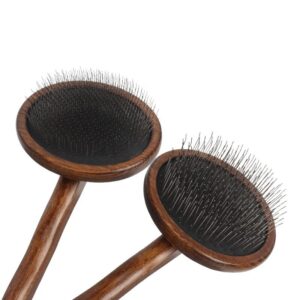 Round dog hair comb with wooden handle and stainless steel pins, suitable for grooming and removing loose hair from dogs and cats