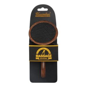 Round dog hair comb with wooden handle and stainless steel pins, suitable for grooming and removing loose hair from dogs and cats