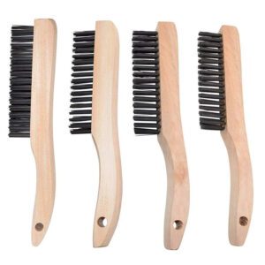 JEYGO stainless steel wire brush with wood handle, designed for durable surface cleaning and debris removal.