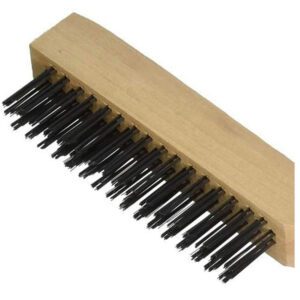 JEYGO stainless steel wire brush with wood handle, designed for durable surface cleaning and debris removal.