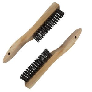 JEYGO stainless steel wire brush with wood handle, designed for durable surface cleaning and debris removal.