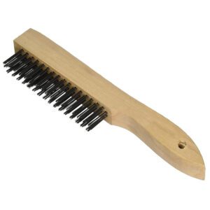 JEYGO stainless steel wire brush with wood handle, designed for durable surface cleaning and debris removal.