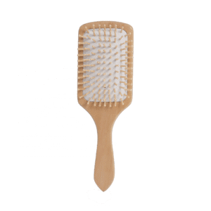 Massage comb with wooden handle and wood bristles, designed for scalp stimulation and daily hair care use.