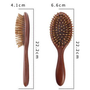 Round wooden hair brush made of sandalwood with air cushion and smooth pins for gentle scalp massage.