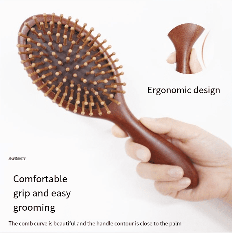 Round wooden hair brush made of sandalwood with air cushion and smooth pins for gentle scalp massage.