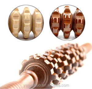 Wooden massage roller with multiple rotating discs, designed for deep body massage and muscle stimulation.