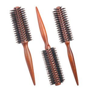 Set of three wooden-handled round barrel brushes with boar + nylon bristles, brush hair salon.