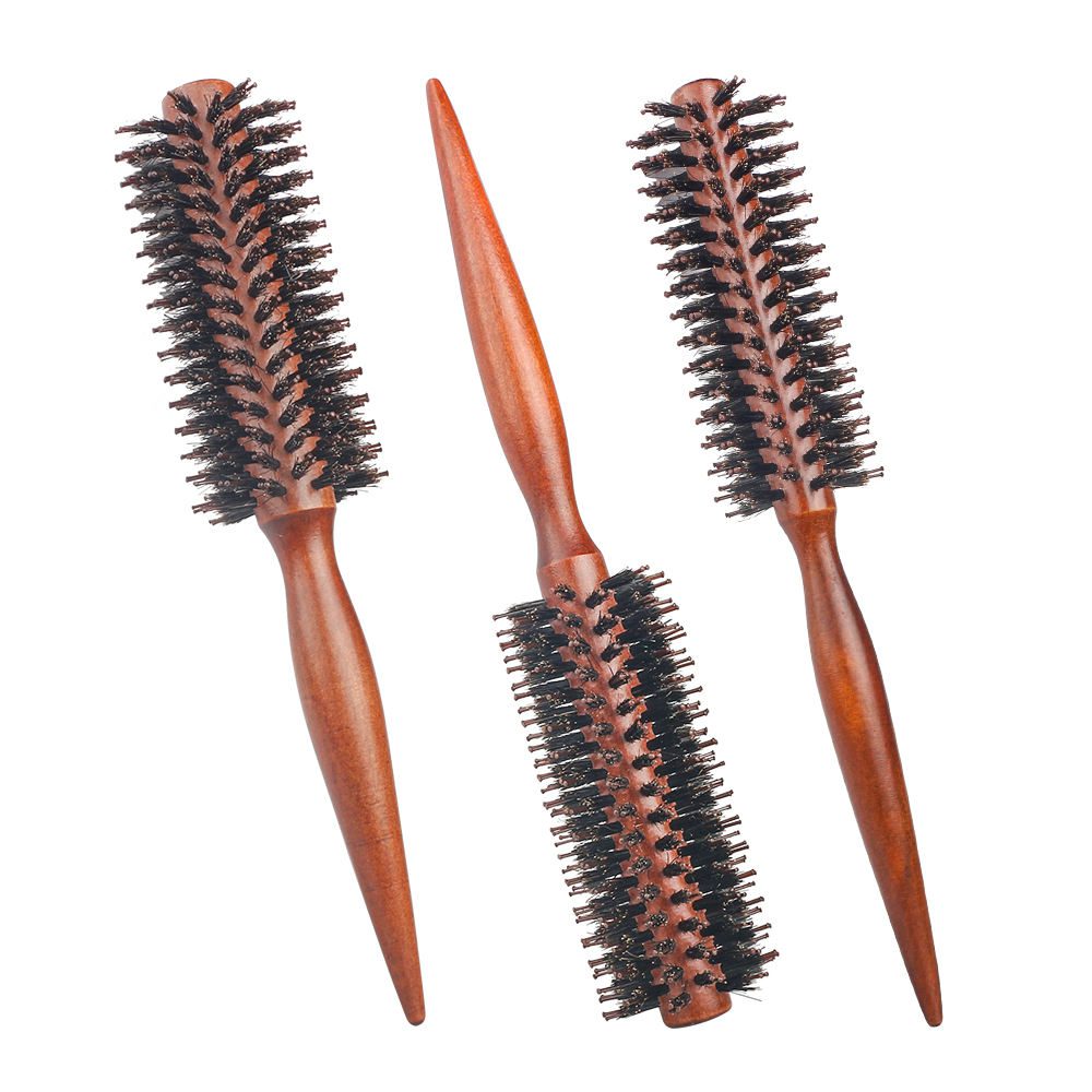 Set of three wooden-handled round barrel brushes with boar + nylon bristles, brush hair salon.