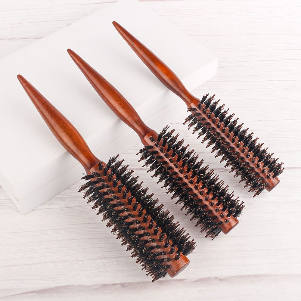 Set of three wooden-handled round barrel brushes with boar + nylon bristles, brush hair salon.