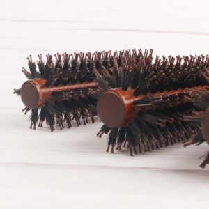 Set of three wooden-handled round barrel brushes with boar + nylon bristles, brush hair salon.