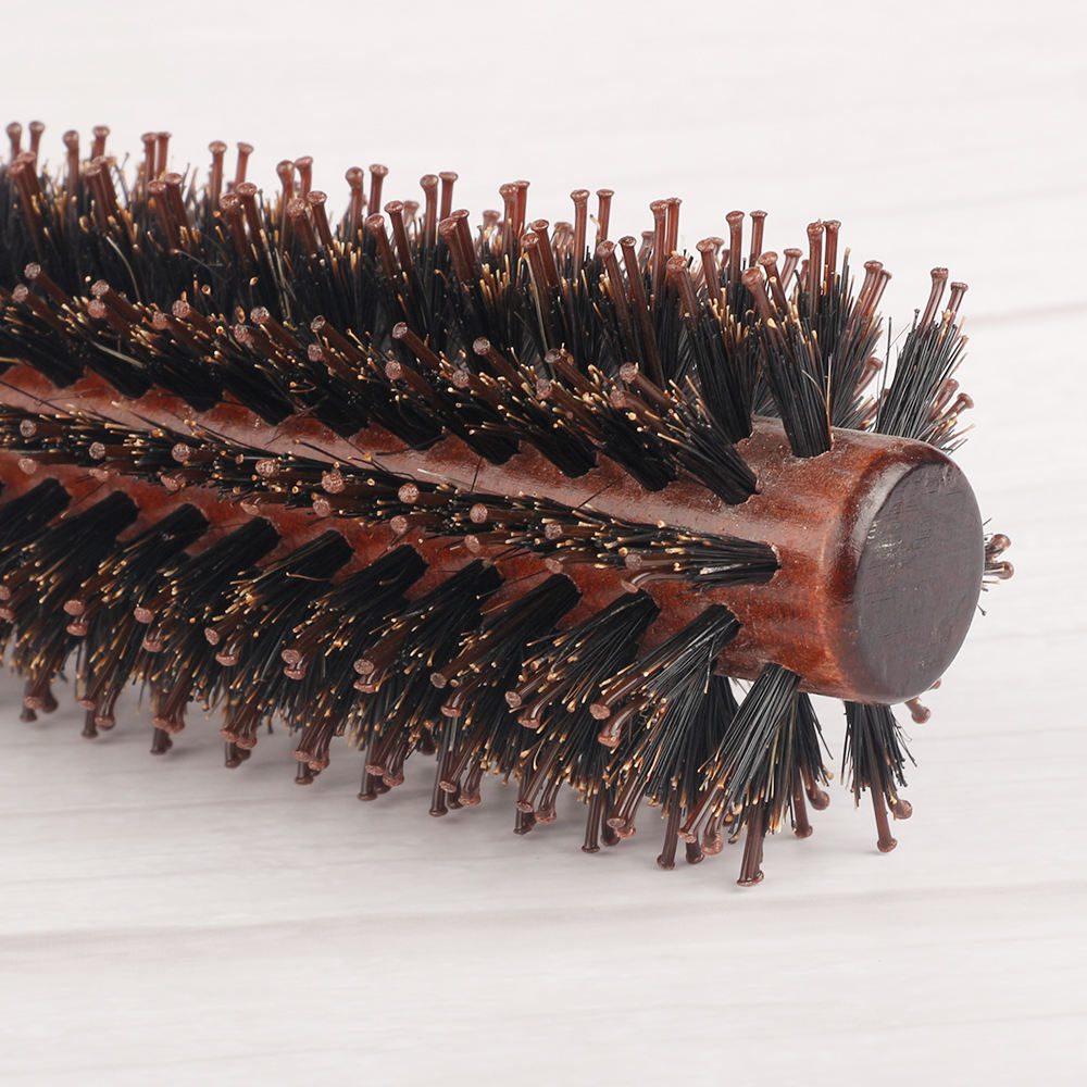 Set of three wooden-handled round barrel brushes with boar + nylon bristles, brush hair salon.