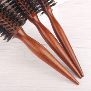 Set of three wooden-handled round barrel brushes with boar + nylon bristles, brush hair salon.