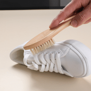 Wooden shoe brush with hanging loop and natural bristles, a shoe cleaning brush and brush for shoe maintenance.